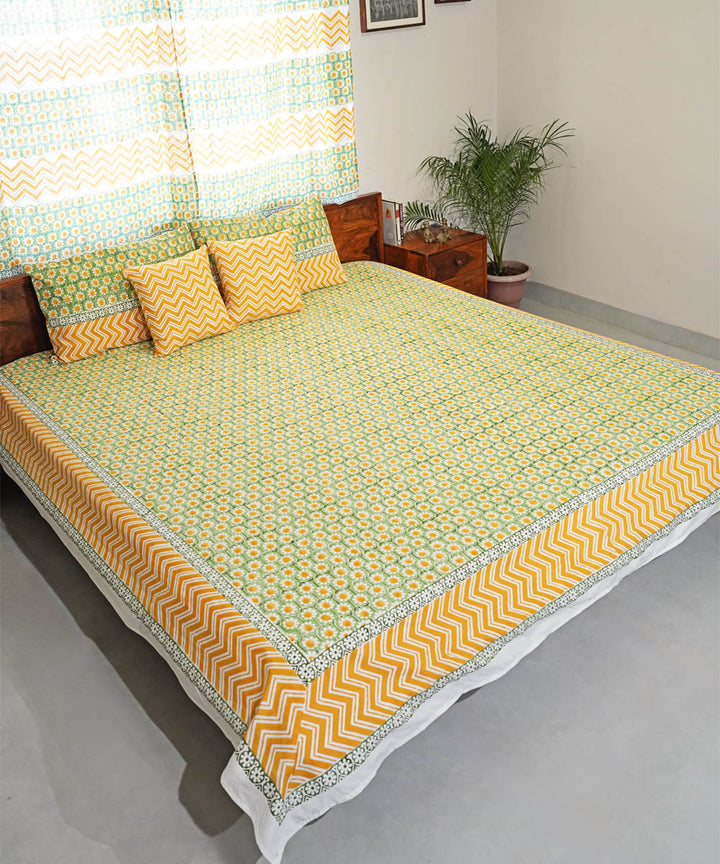 Mustard green Cotton Hand block printed Sanganeri Bedsheet