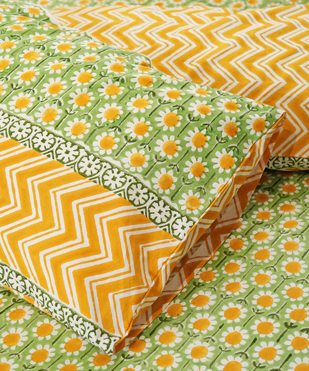 Mustard green Cotton Hand block printed Sanganeri Bedsheet