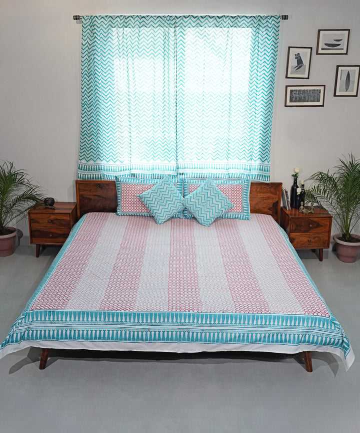 Pink Striped Hand block printed Cotton Sanganeri Bedsheet