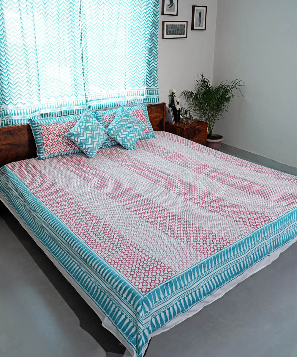 Pink Striped Hand block printed Cotton Sanganeri Bedsheet