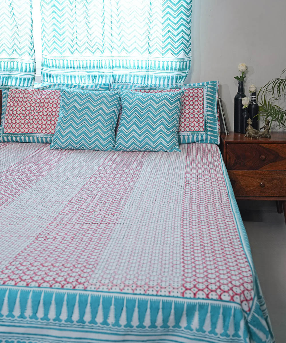 Pink Striped Hand block printed Cotton Sanganeri Bedsheet