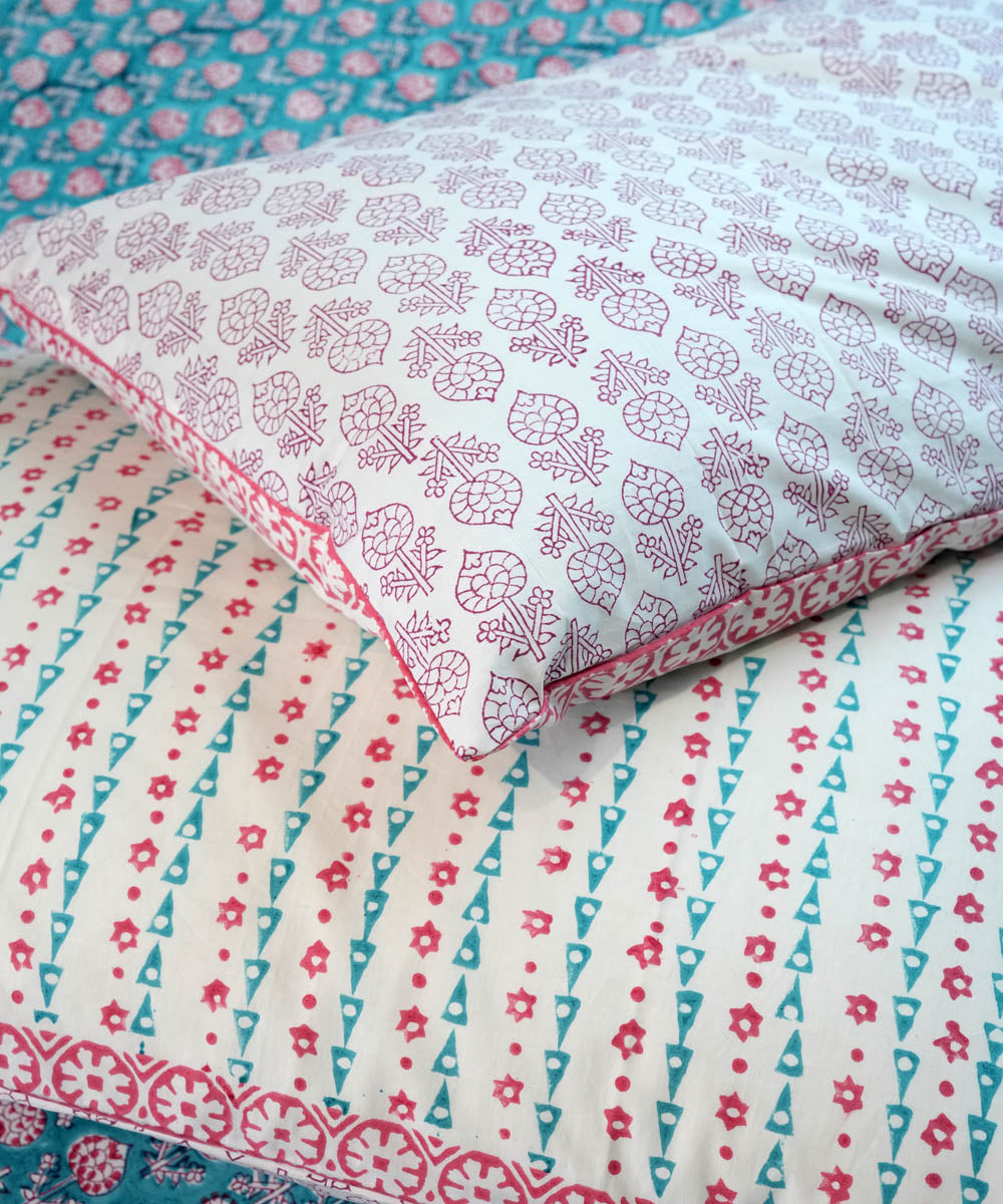 Sky blue pink Cotton Hand block printed Sanganeri Bedsheet