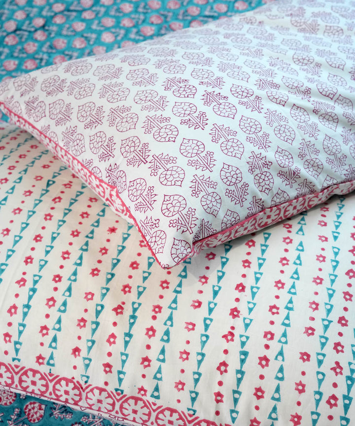 Sky blue pink Cotton Hand block printed Sanganeri Bedsheet