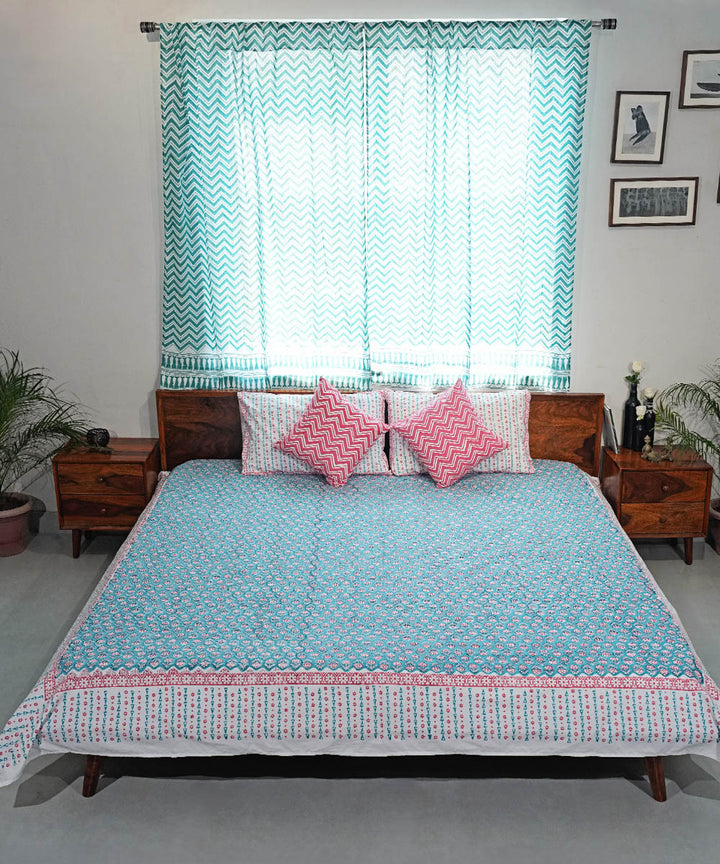 Sky blue pink Cotton Hand block printed Sanganeri Bedsheet