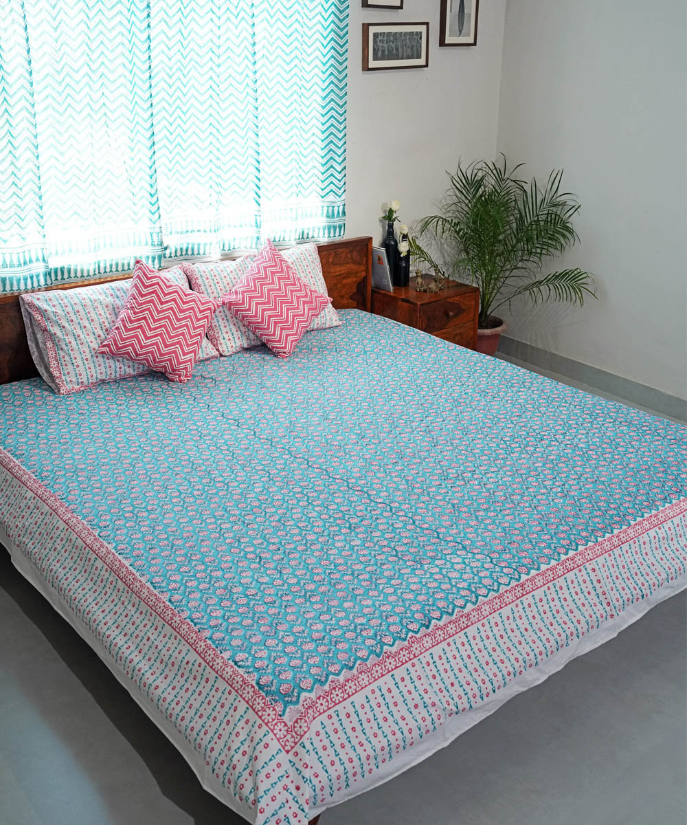 Sky blue pink Cotton Hand block printed Sanganeri Bedsheet