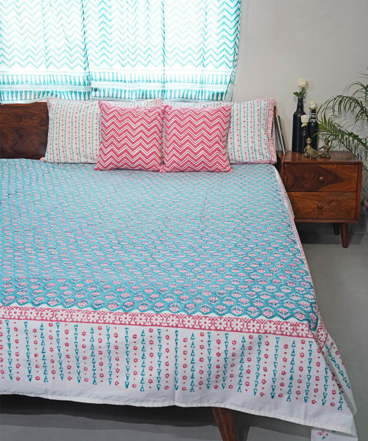 Sky blue pink Cotton Hand block printed Sanganeri Bedsheet