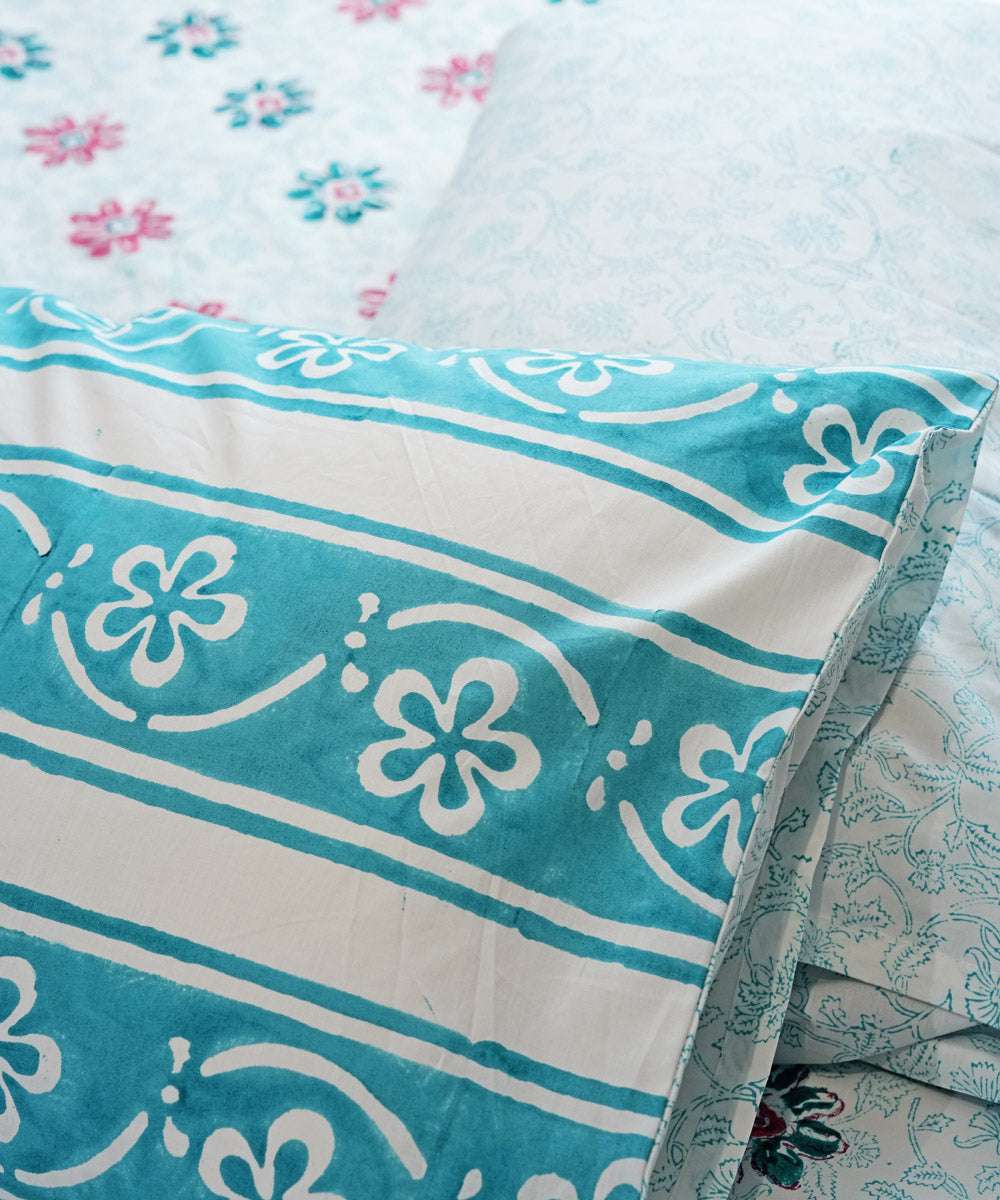 Offwhite Cyan blue Hand block printed Cotton Sanganeri Bedsheet