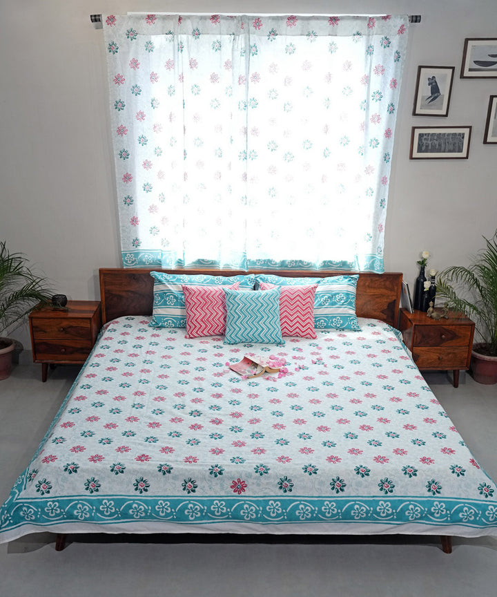 Offwhite Cyan blue Hand block printed Cotton Sanganeri Bedsheet