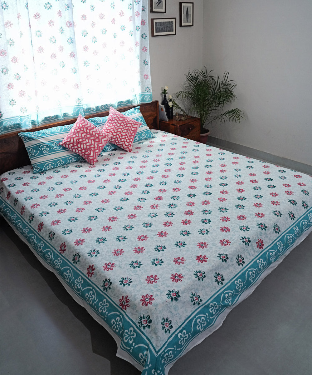 Offwhite Cyan blue Hand block printed Cotton Sanganeri Bedsheet