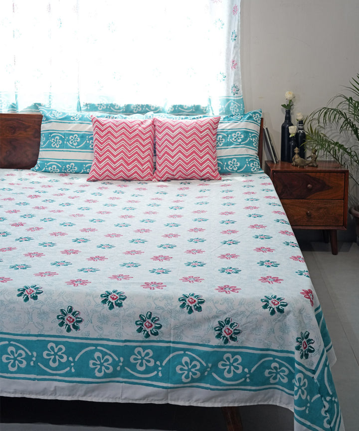 Offwhite Cyan blue Hand block printed Cotton Sanganeri Bedsheet