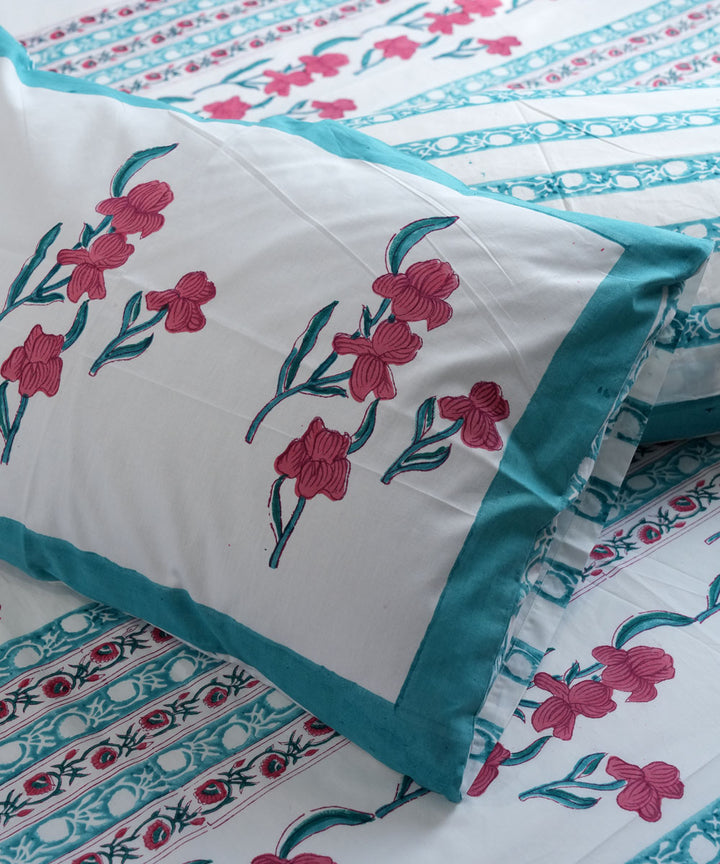 Pink Cyan blue striped Hand block printed Cotton Sanganeri Bedsheet