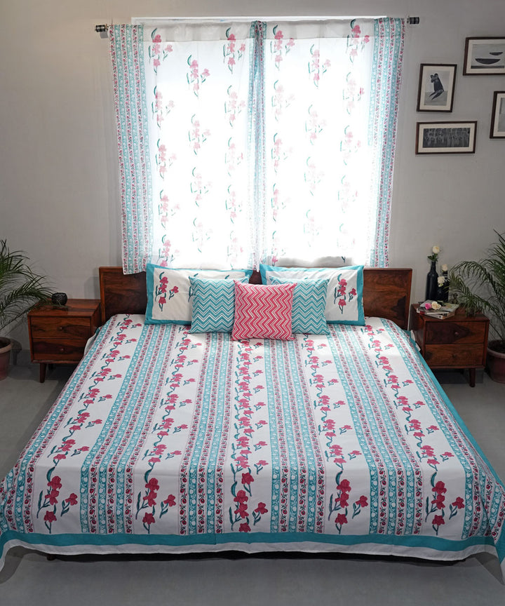 Pink Cyan blue striped Hand block printed Cotton Sanganeri Bedsheet