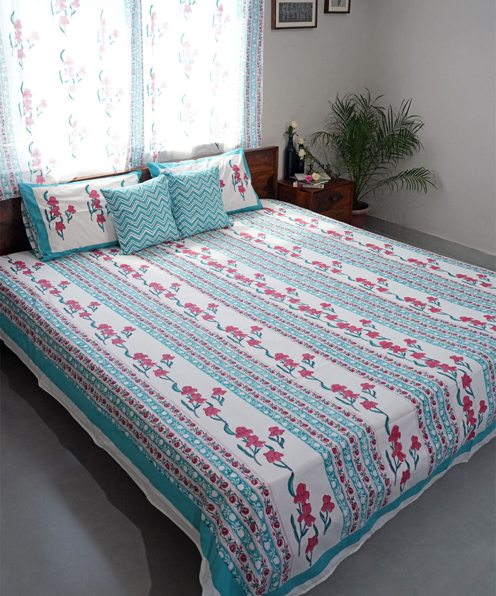 Pink Cyan blue striped Hand block printed Cotton Sanganeri Bedsheet