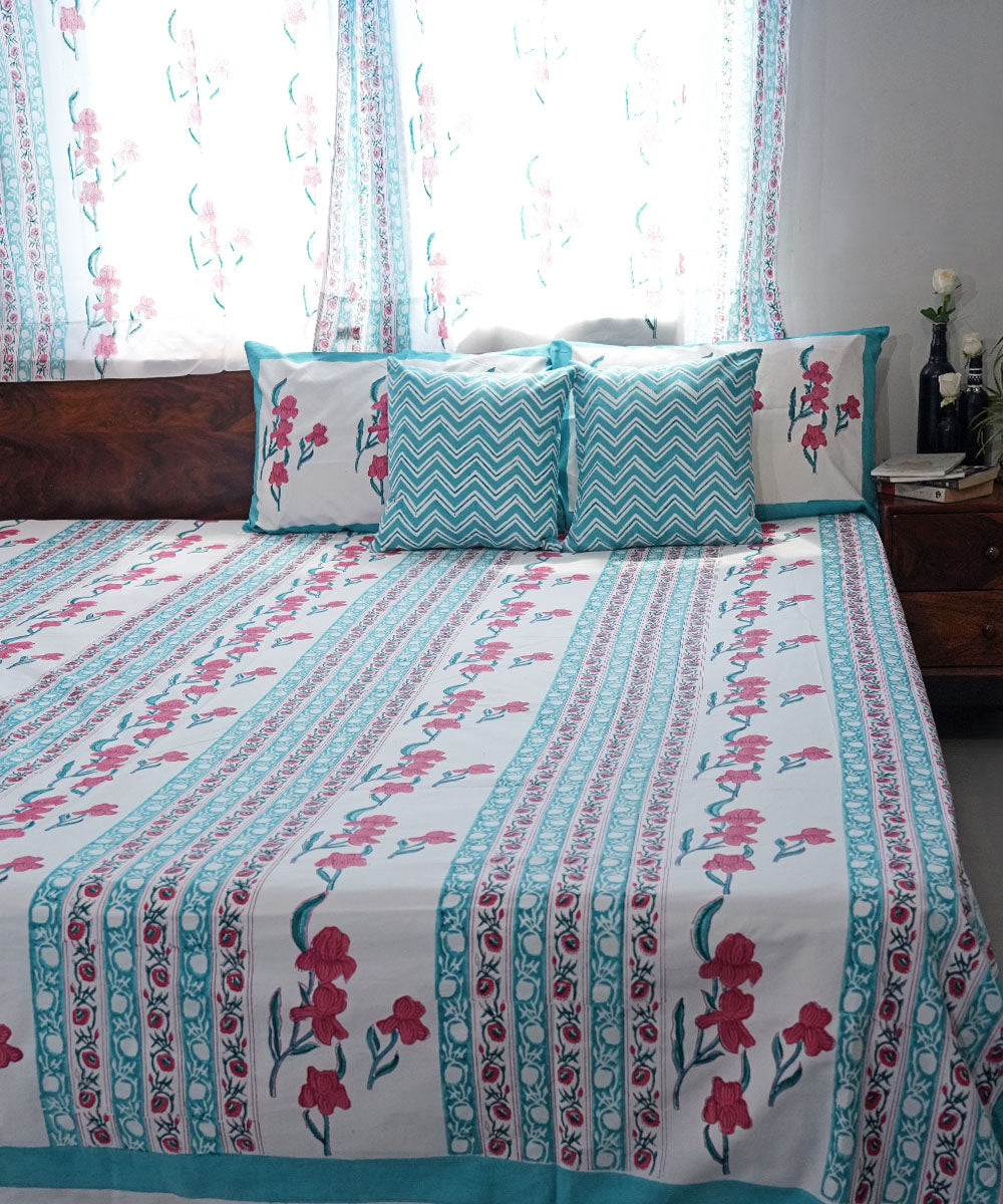 Pink Cyan blue striped Hand block printed Cotton Sanganeri Bedsheet