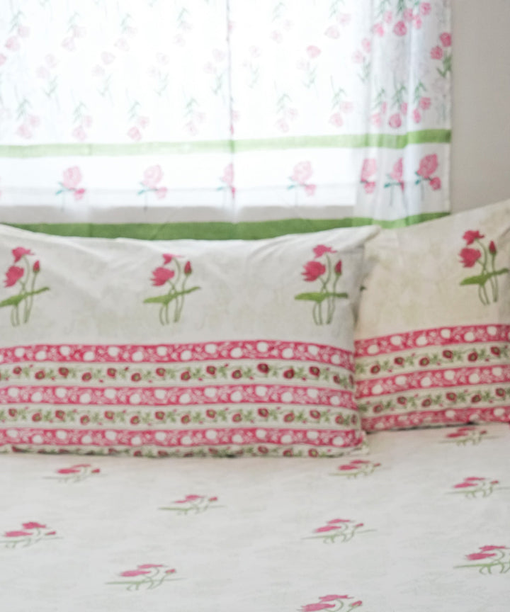 Pink green Cotton Hand block printed Sanganeri Bedsheet