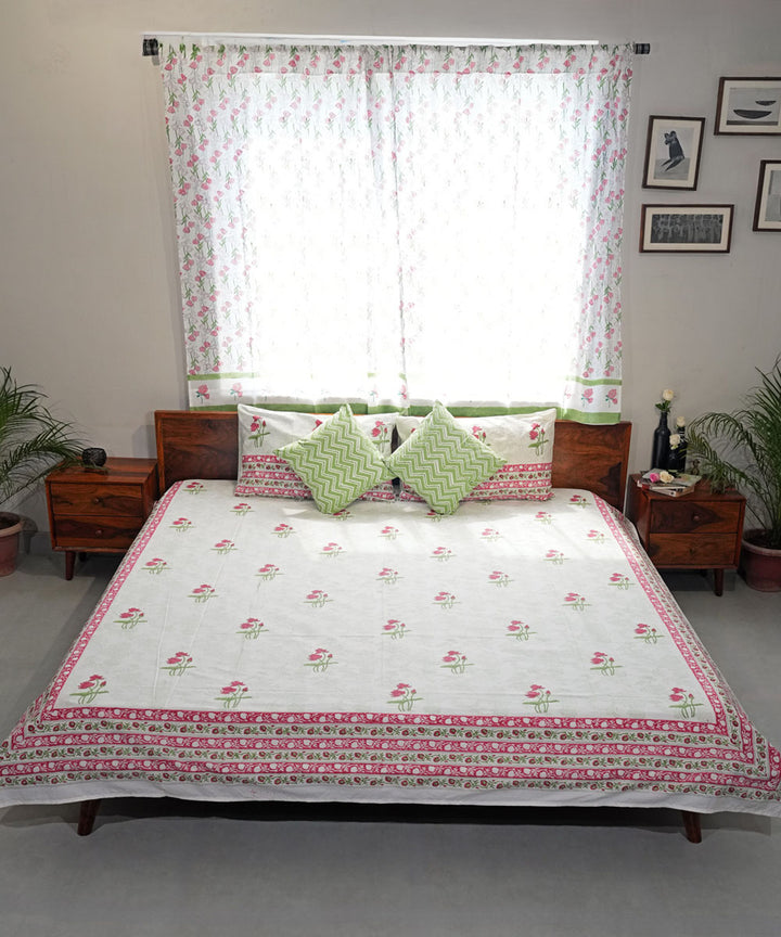 Pink green Cotton Hand block printed Sanganeri Bedsheet