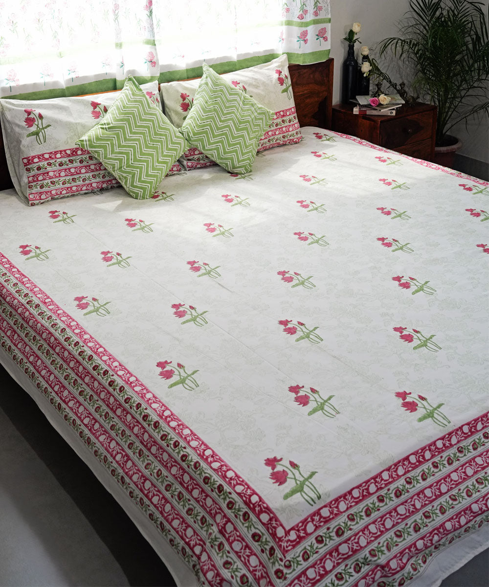 Pink green Cotton Hand block printed Sanganeri Bedsheet