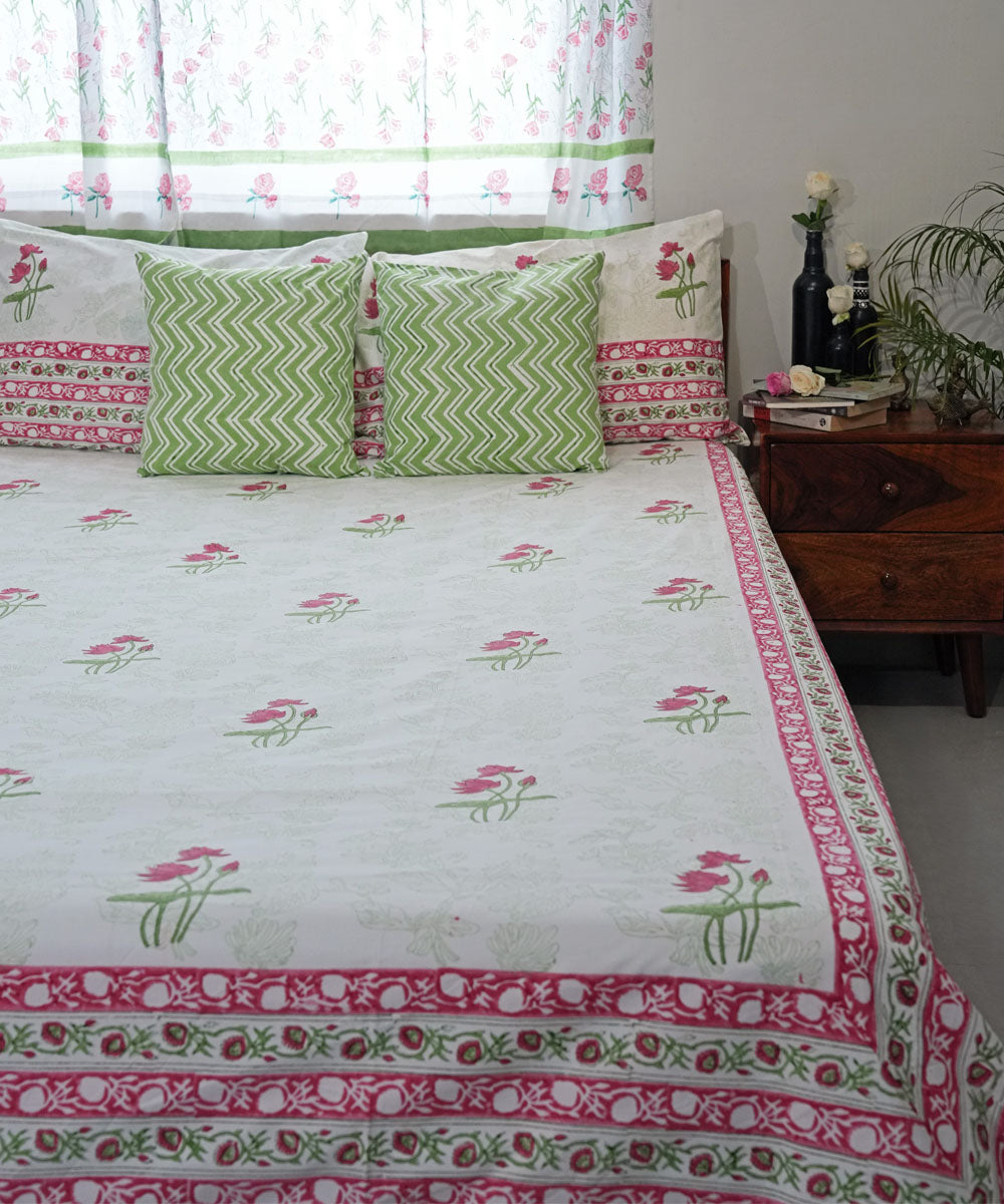 Pink green Cotton Hand block printed Sanganeri Bedsheet