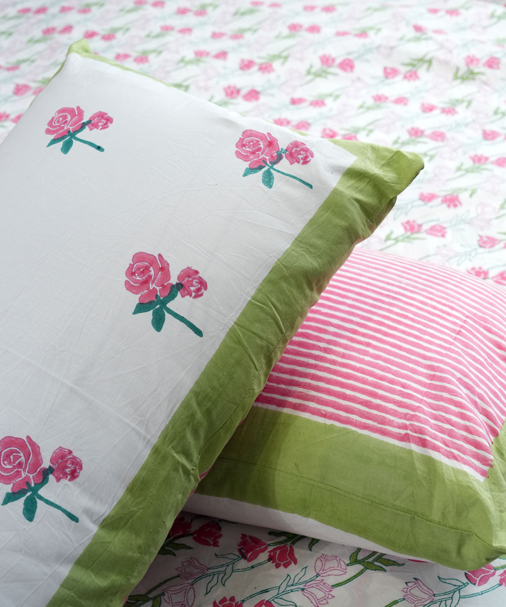 Pink light green Hand block printed Cotton Sanganeri Bedsheet