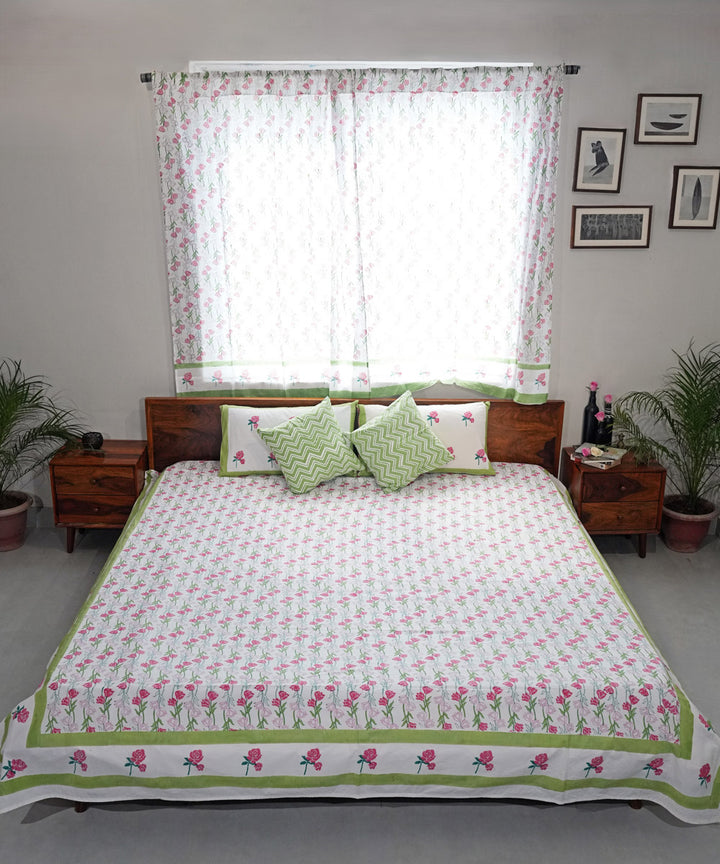 Pink light green Hand block printed Cotton Sanganeri Bedsheet