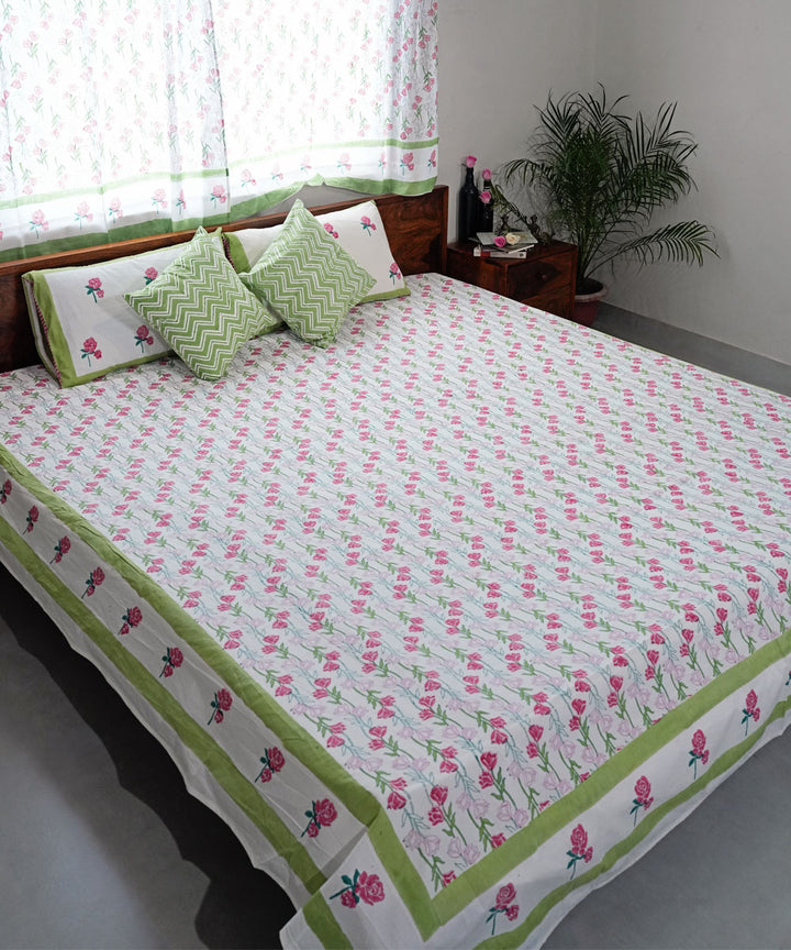 Pink light green Hand block printed Cotton Sanganeri Bedsheet