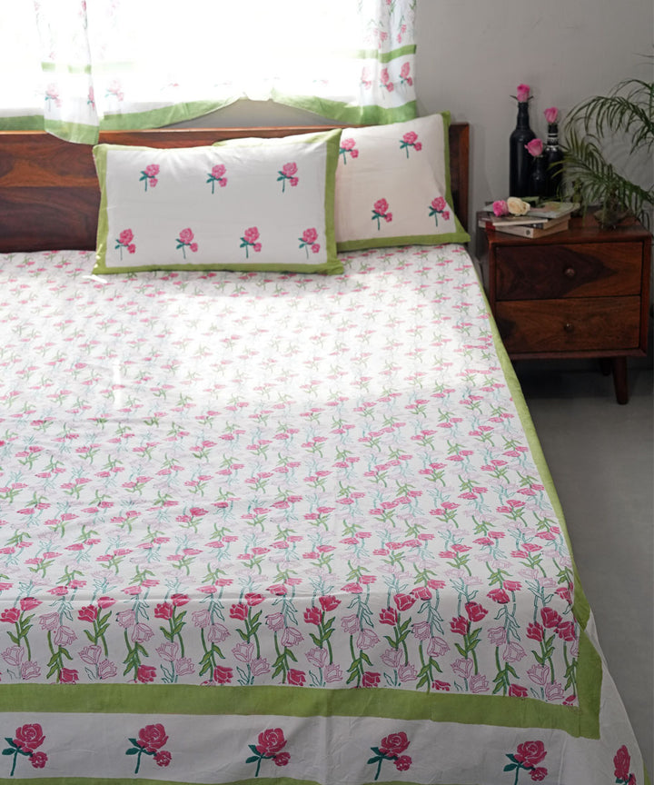 Pink light green Hand block printed Cotton Sanganeri Bedsheet