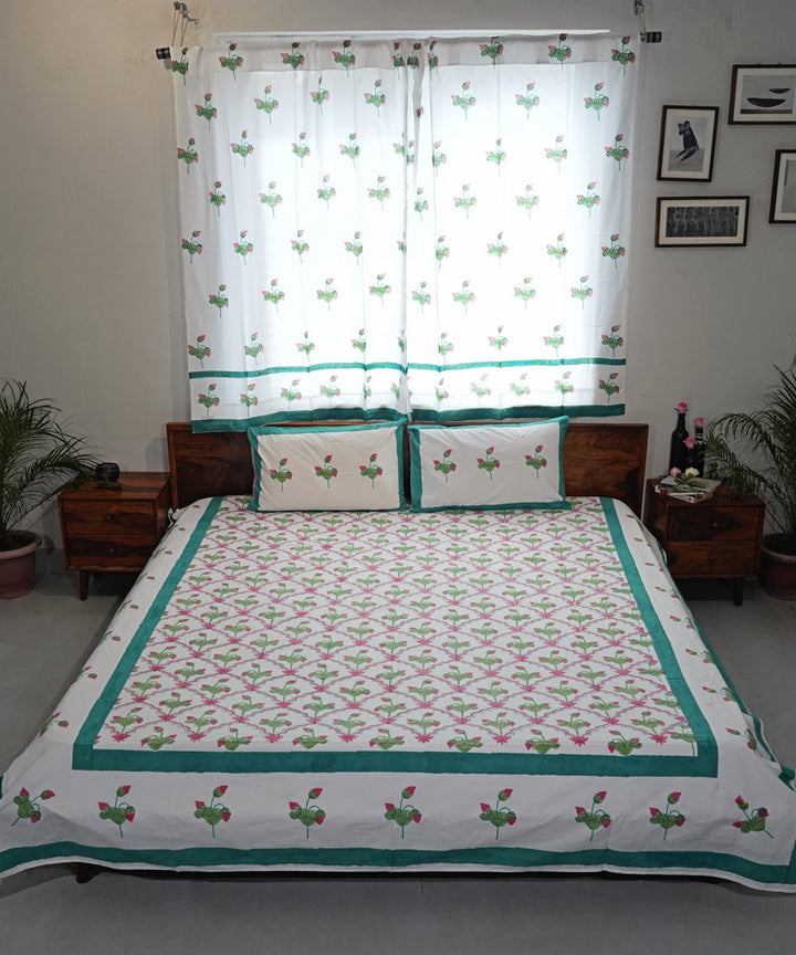 Cyan blue Cotton Hand block printed Sanganeri Bedsheet