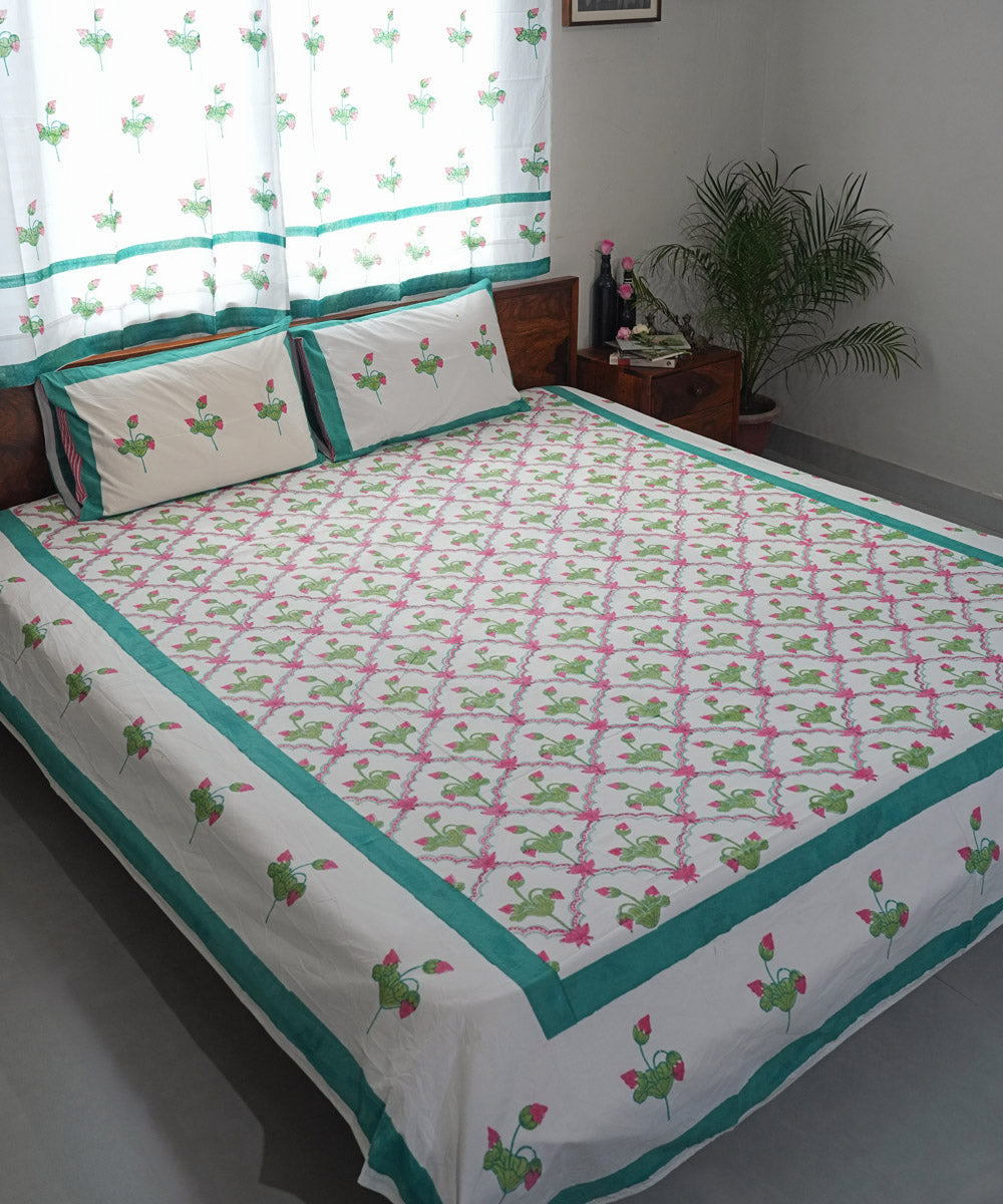 Cyan blue Cotton Hand block printed Sanganeri Bedsheet