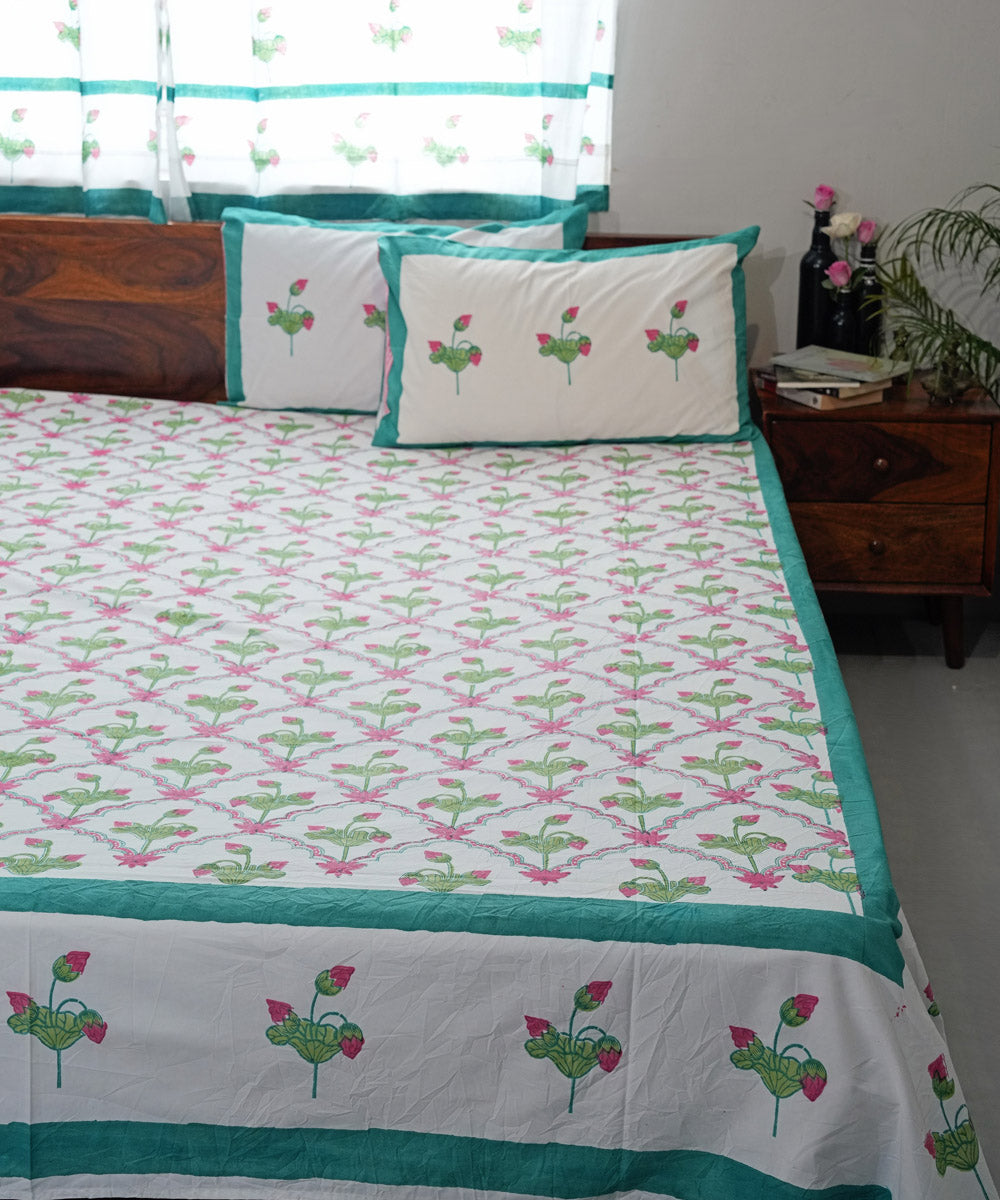 Cyan blue Cotton Hand block printed Sanganeri Bedsheet