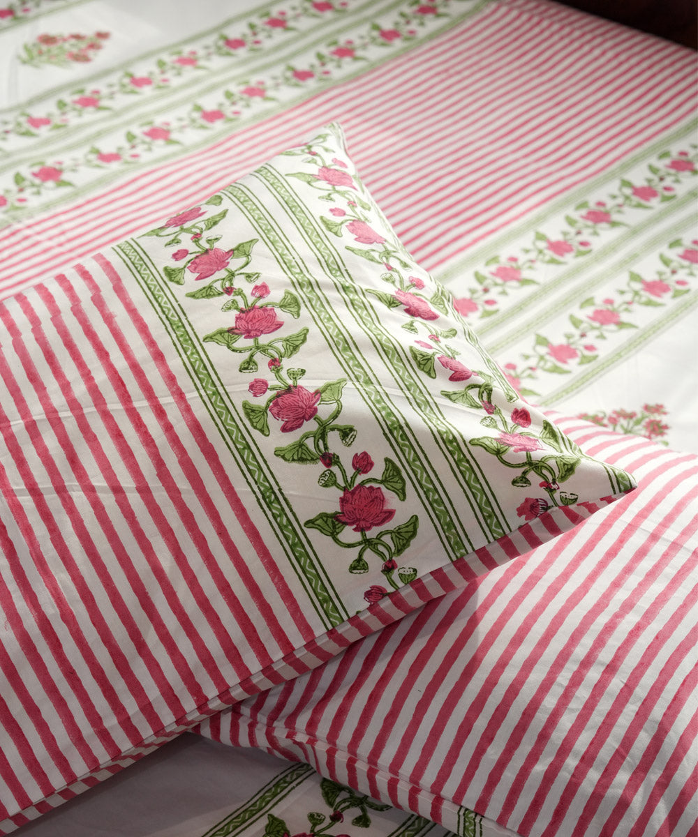 Pink green striped Hand block printed Cotton Sanganeri Bedsheet