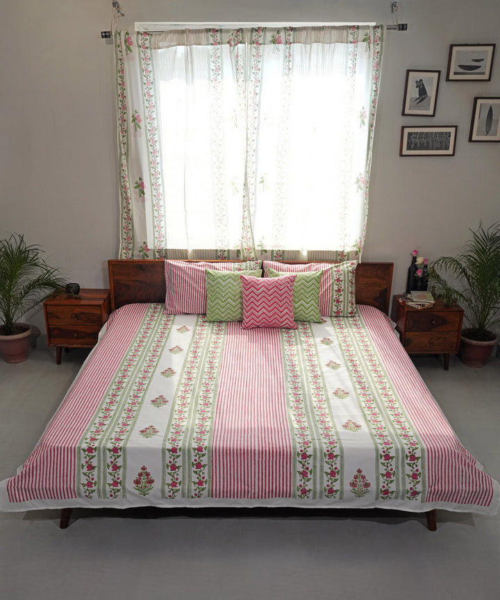 Pink green striped Hand block printed Cotton Sanganeri Bedsheet