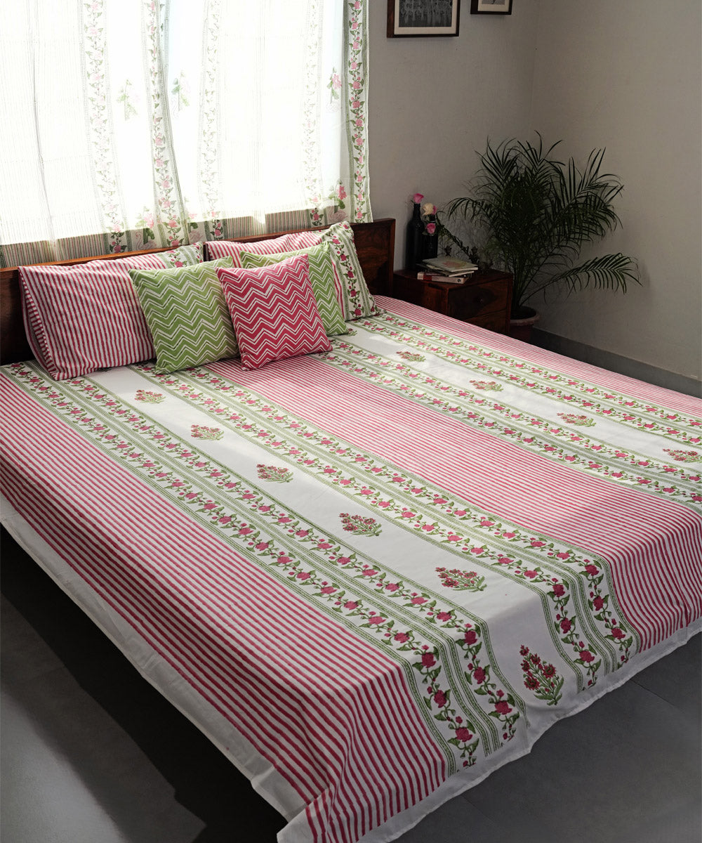 Pink green striped Hand block printed Cotton Sanganeri Bedsheet