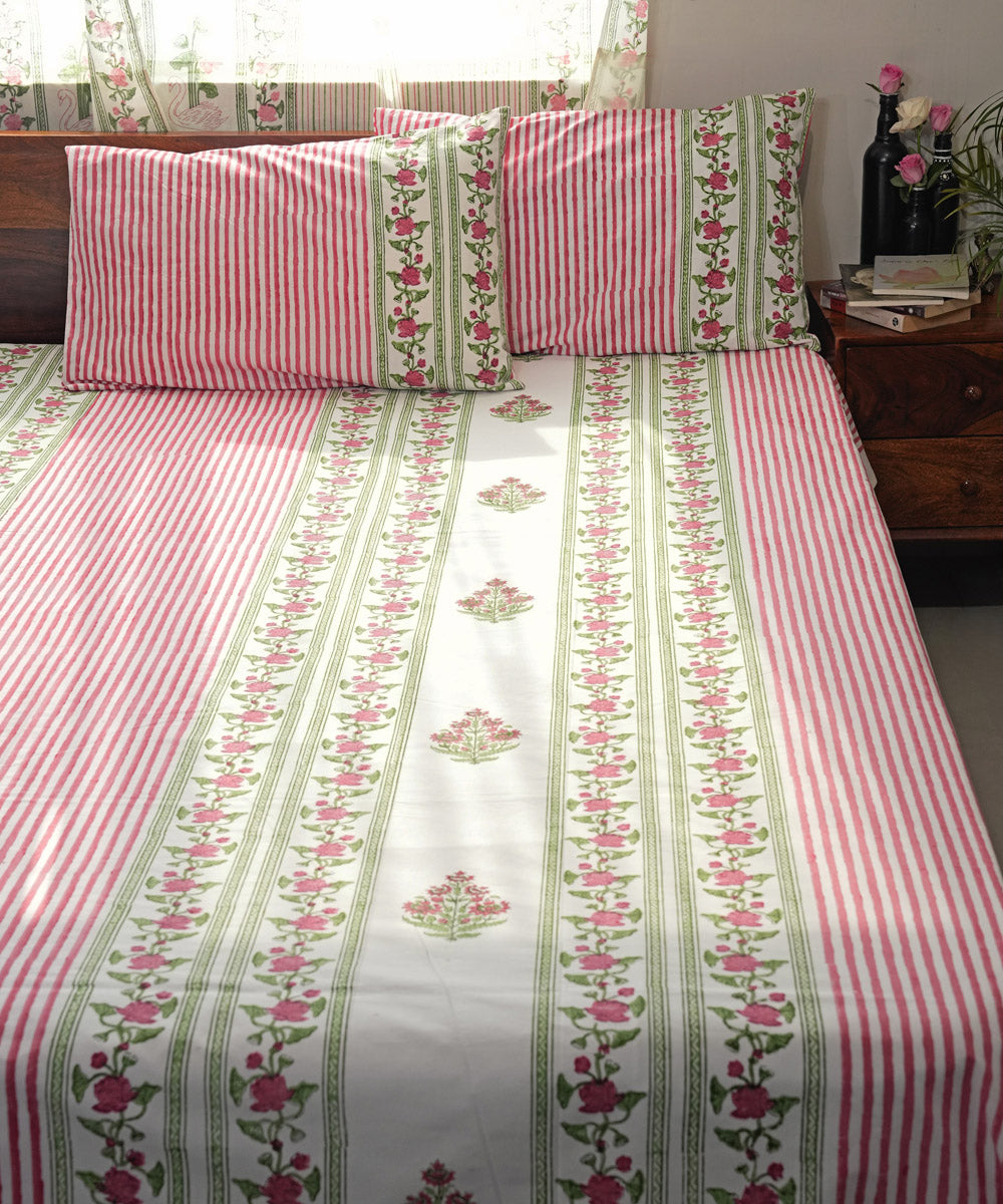 Pink green striped Hand block printed Cotton Sanganeri Bedsheet