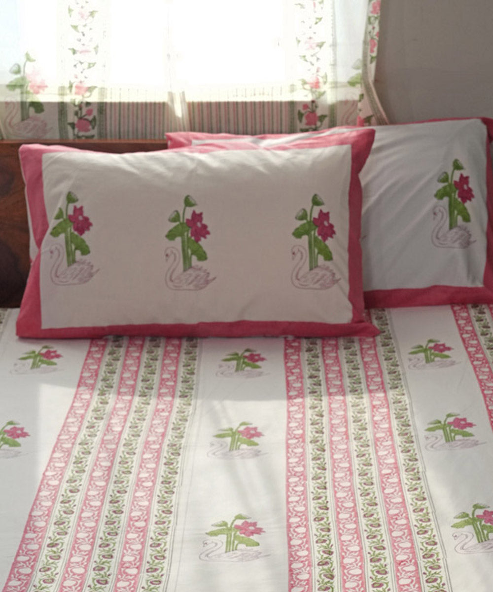 Pink Striped Cotton Hand block printed Sanganeri Bedsheet