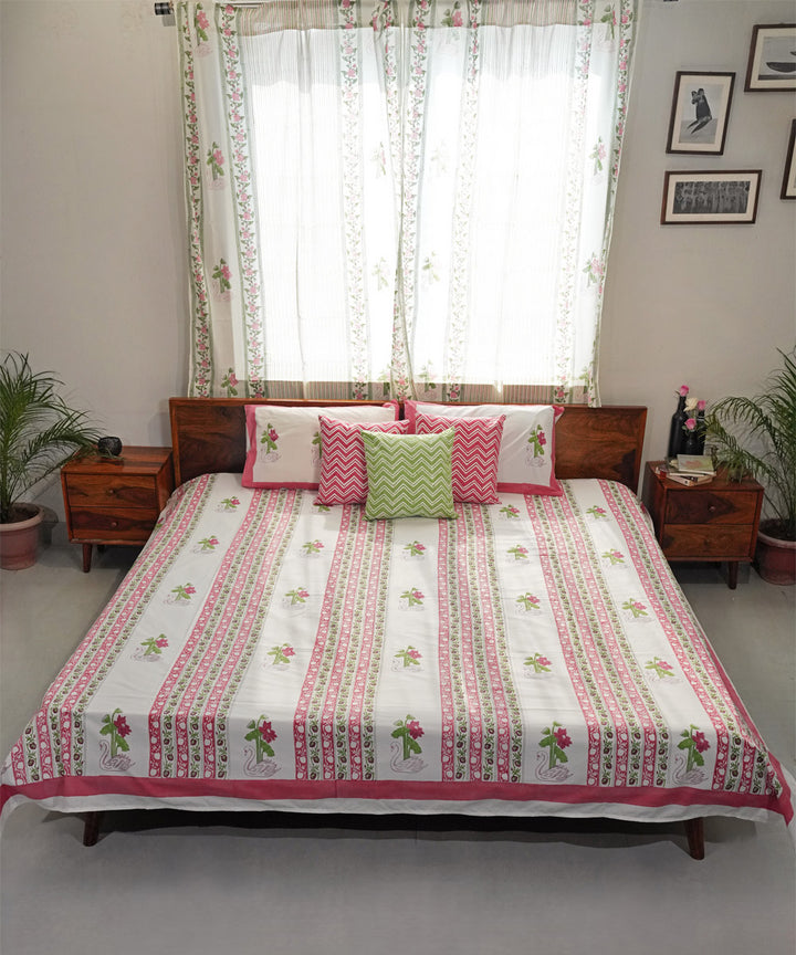 Pink Striped Cotton Hand block printed Sanganeri Bedsheet