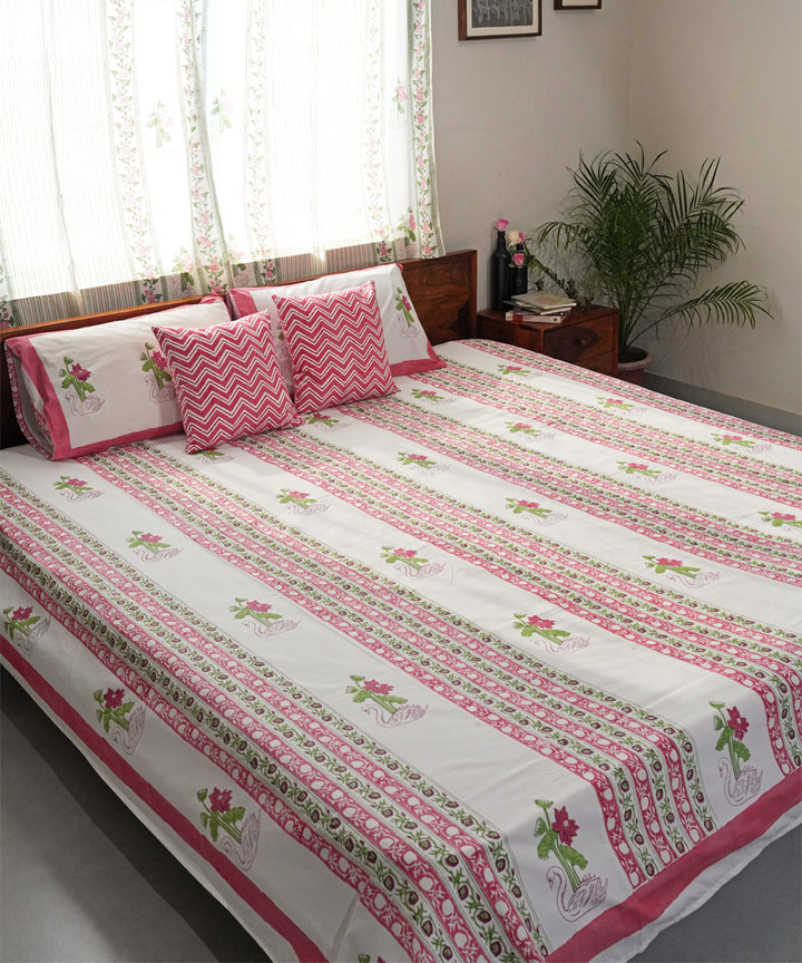 Pink Striped Cotton Hand block printed Sanganeri Bedsheet