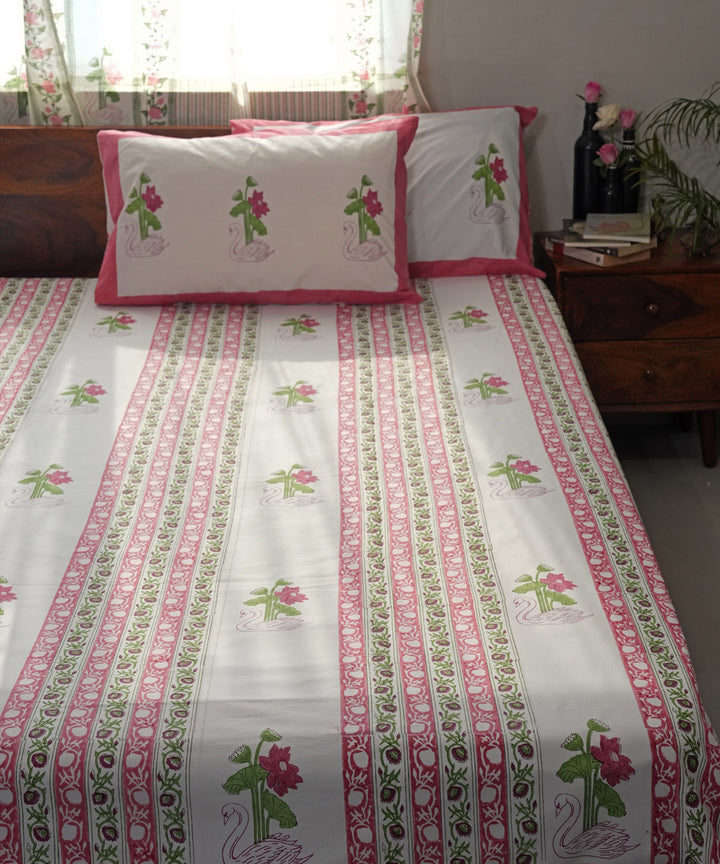 Pink Striped Cotton Hand block printed Sanganeri Bedsheet