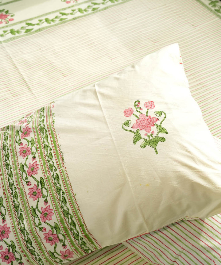 Cyan Green Cotton pink Hand block printed Sanganeri Bedsheet