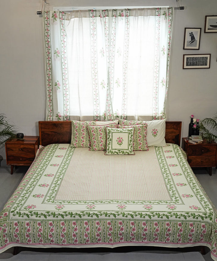 Cyan Green Cotton pink Hand block printed Sanganeri Bedsheet