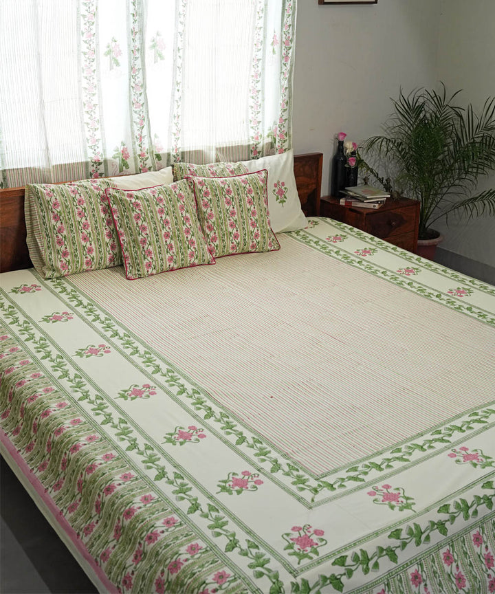 Cyan Green Cotton pink Hand block printed Sanganeri Bedsheet