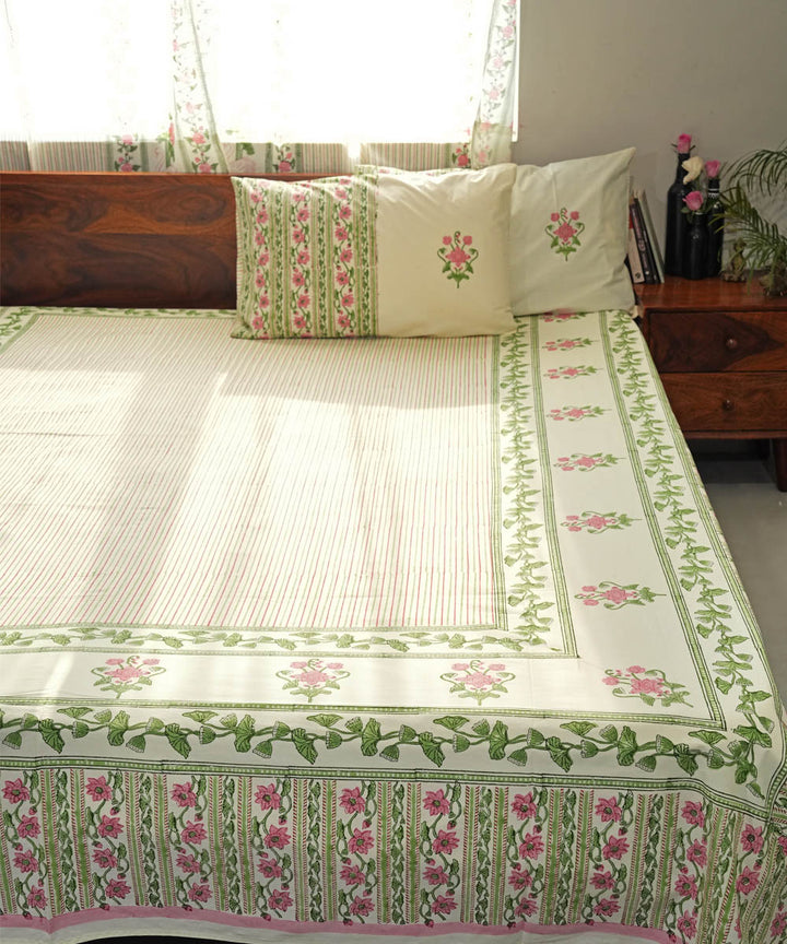 Cyan Green Cotton pink Hand block printed Sanganeri Bedsheet