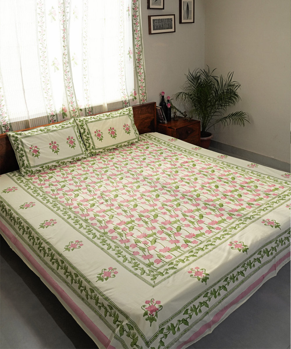 Cyan Green pink Cotton Hand block printed Sanganeri Bedsheet