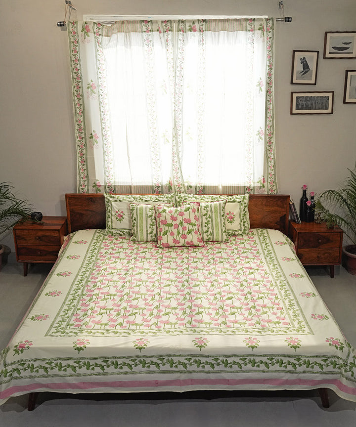 Cyan Green pink Cotton Hand block printed Sanganeri Bedsheet