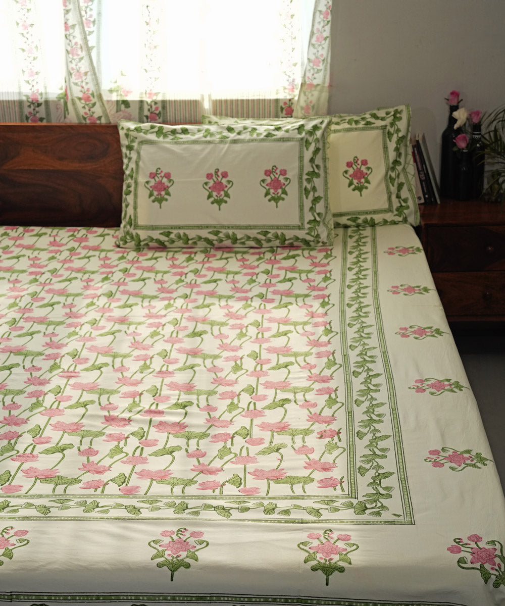 Cyan Green pink Cotton Hand block printed Sanganeri Bedsheet