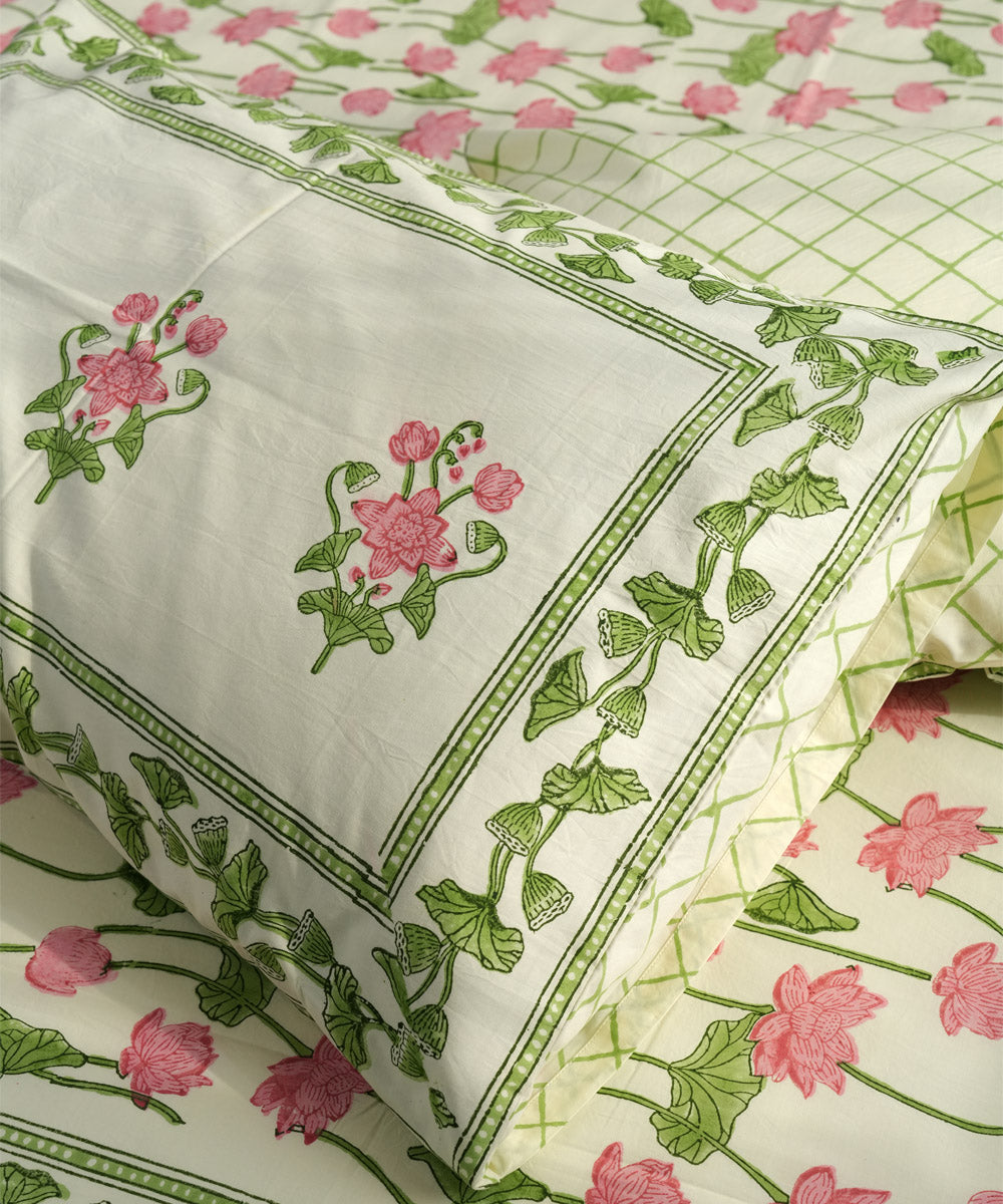 Cyan Green pink Cotton Hand block printed Sanganeri Bedsheet