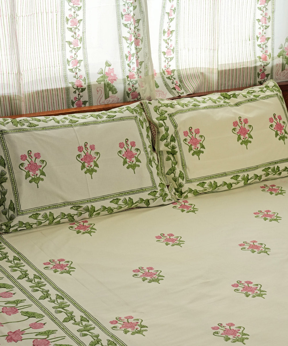 Light Green pink Hand block printed Cotton Sanganeri Bedsheet