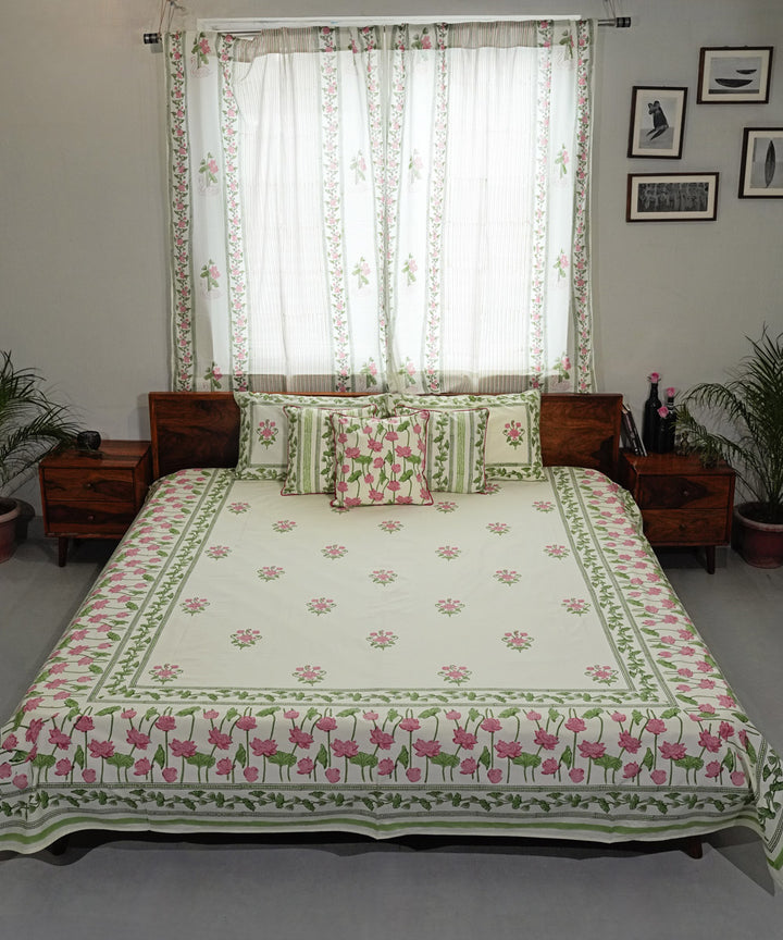 Light Green pink Hand block printed Cotton Sanganeri Bedsheet