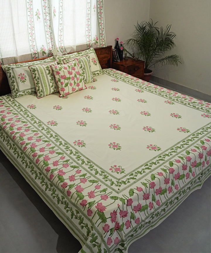 Light Green pink Hand block printed Cotton Sanganeri Bedsheet