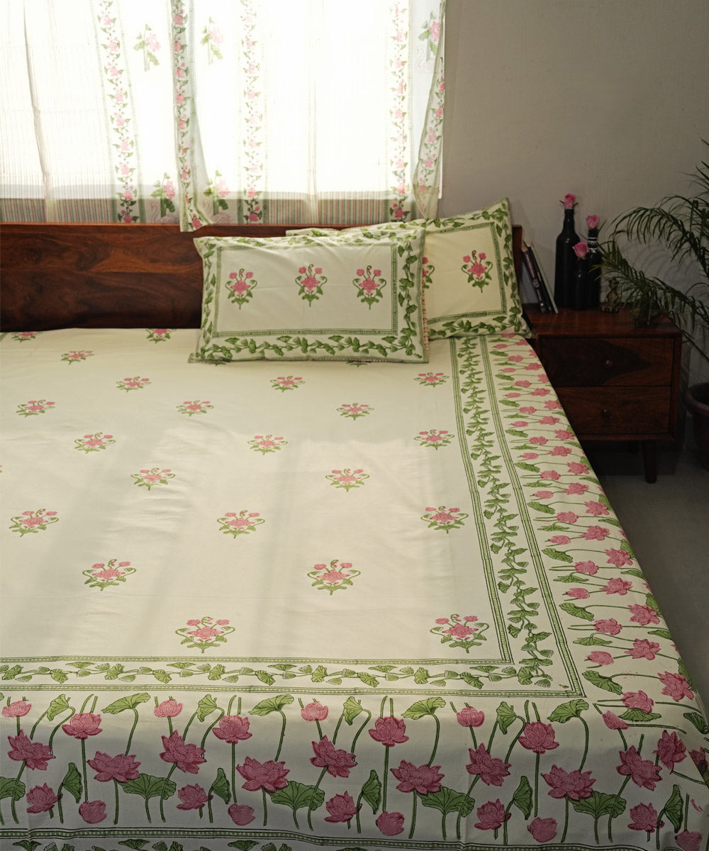 Light Green pink Hand block printed Cotton Sanganeri Bedsheet