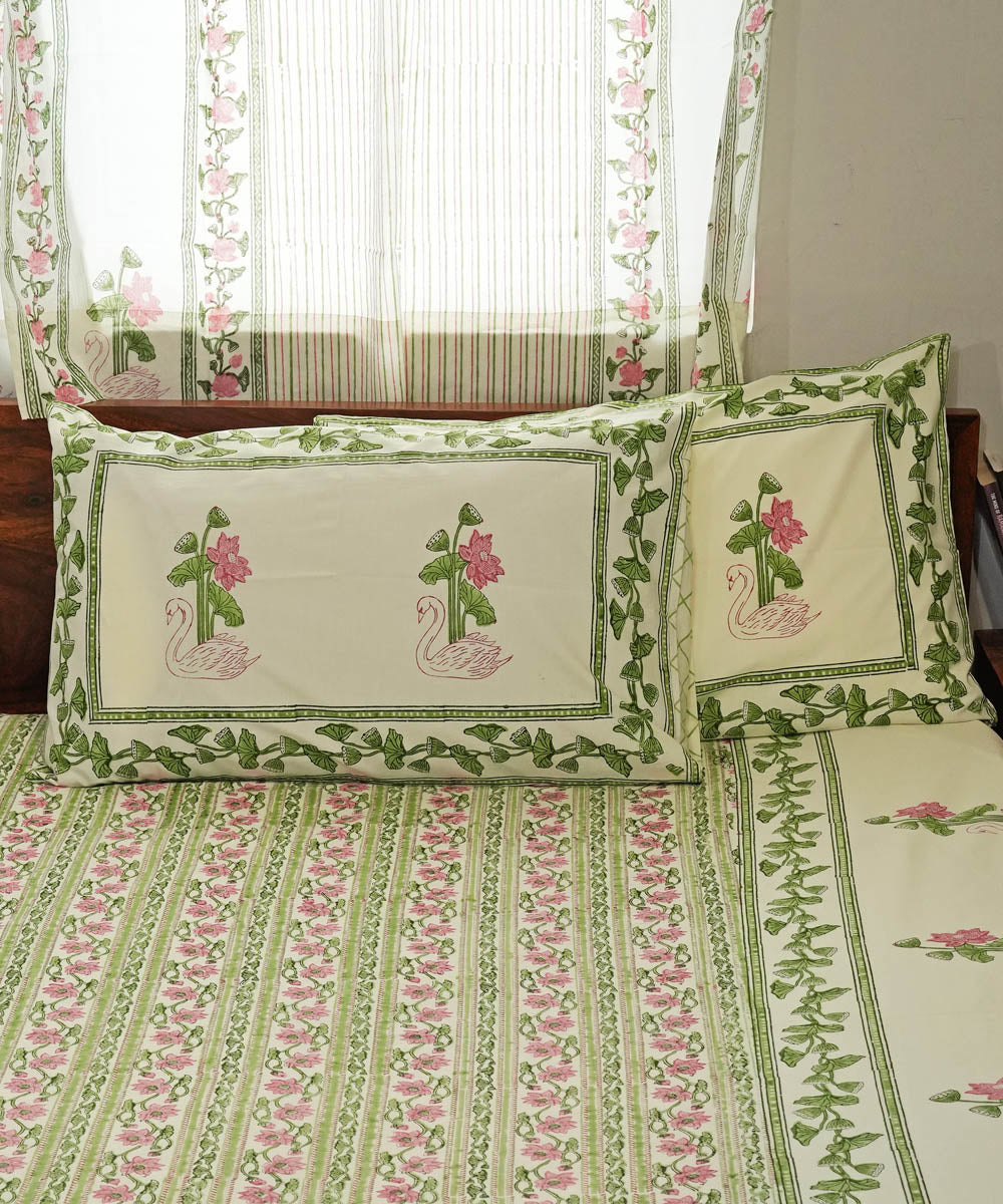 Light Green pink Cotton Hand block printed Sanganeri Bedsheet